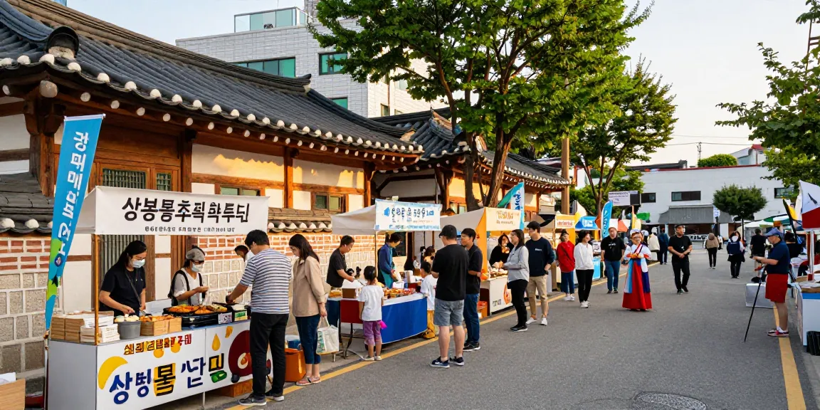 Vibrant community scene at 상봉동 한국관 with visitors enjoying cultural activities and Korean street food.