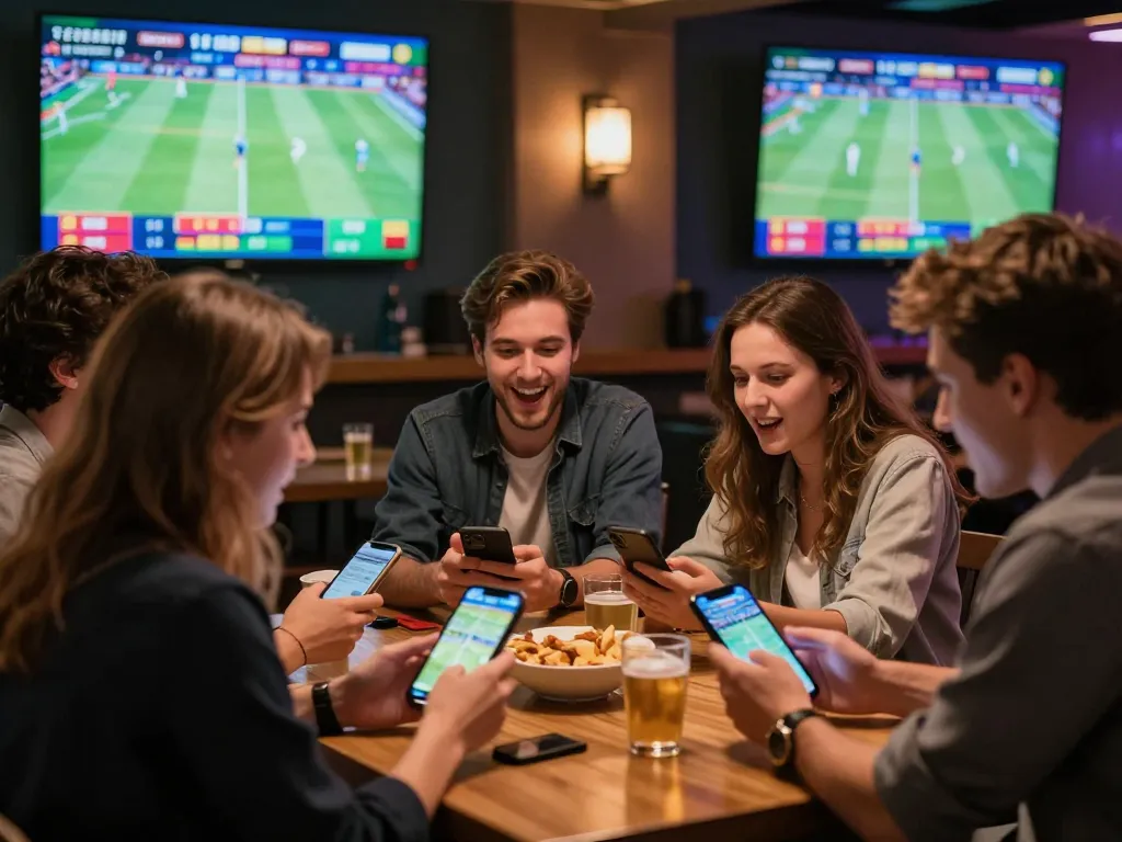 Friends engaged in sports betting with keonhacai app on their phones in a lively setting