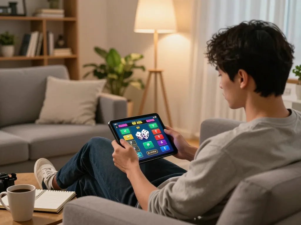 Player enjoying the exciting game of tài xỉu online on a tablet in a cozy home setting, showcasing strategic gameplay and relaxation.