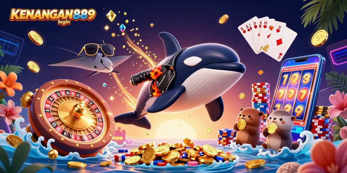 Engage with KENANGAN889 login to explore vibrant casino elements, including golden coins and sea creatures.