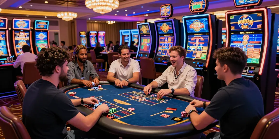 Action-packed scene at visa casinos with diverse players enjoying live dealer games and vibrant slot machines.