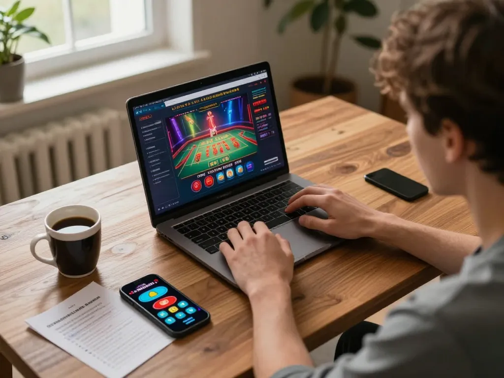 Personne engagée dans les jeux en ligne, mettant en avant le casino en ligne qui paye le plus dans un cadre domestique vibrant avec un ordinateur portable et un smartphone.