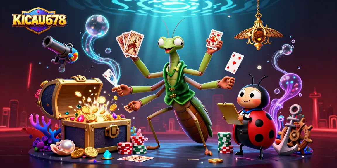 KICAU678 features a giant cartoon mantis card sharp dealing cards and pouring champagne in a vibrant casino scene.