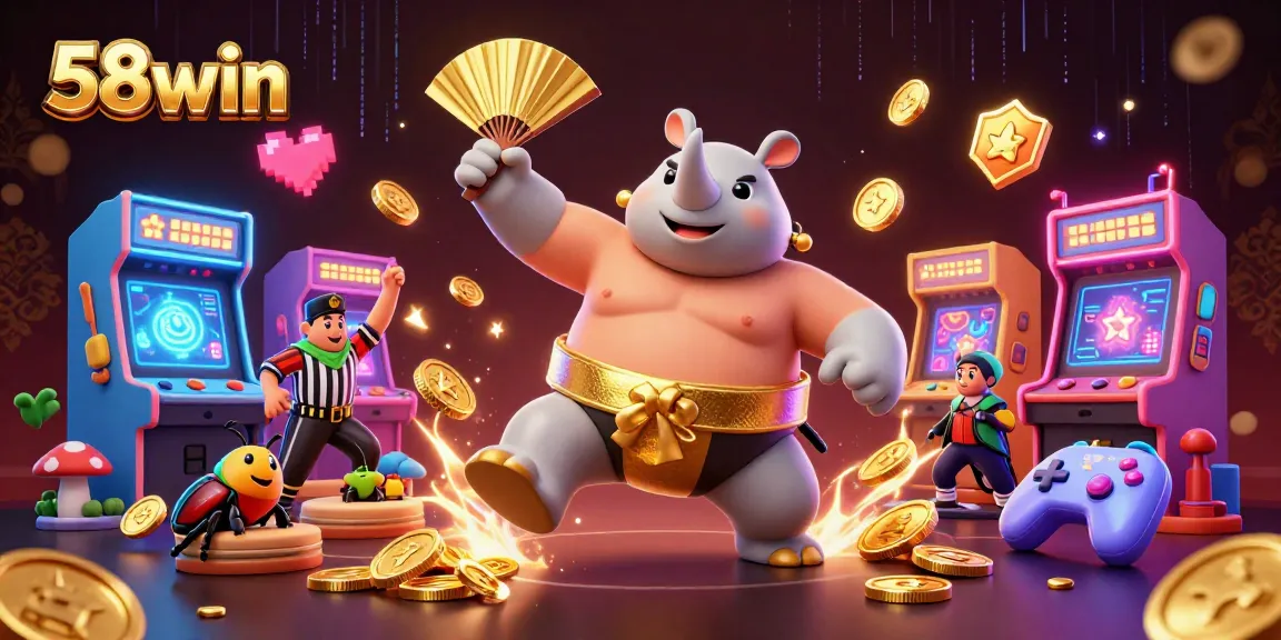 Experience the excitement of 58win with a dynamic casino scene featuring a sumo beetle champion and arcade game elements.