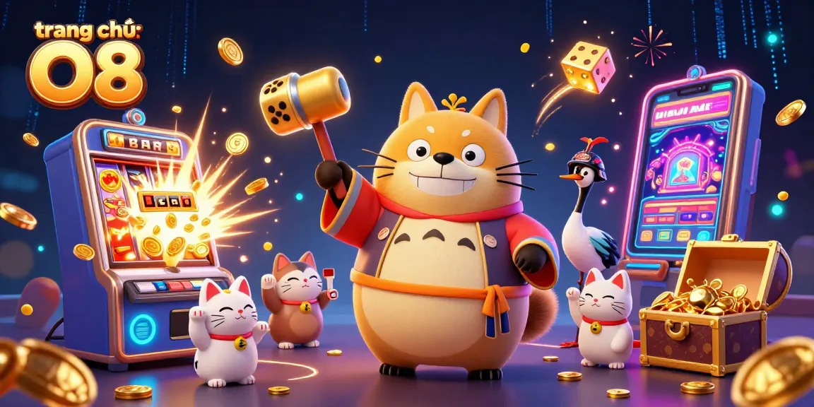 Experience the excitement at trang chủ O8 with colorful characters and vibrant casino elements in a dynamic 3D scene.