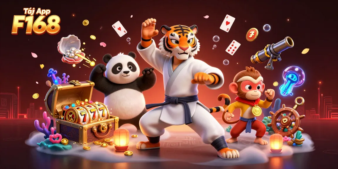 Tải App F168 to win big with dynamic slot games featuring a kung fu tiger, panda, and playful monkey.