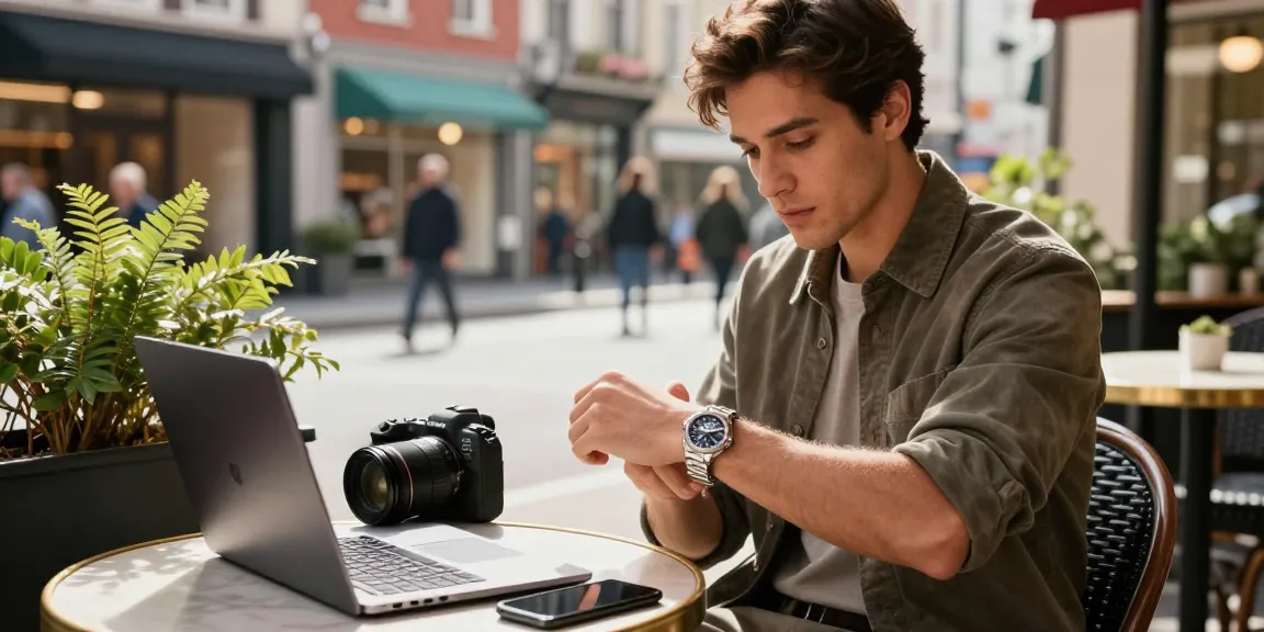 Individual displaying a stylish replica watch at an outdoor café.