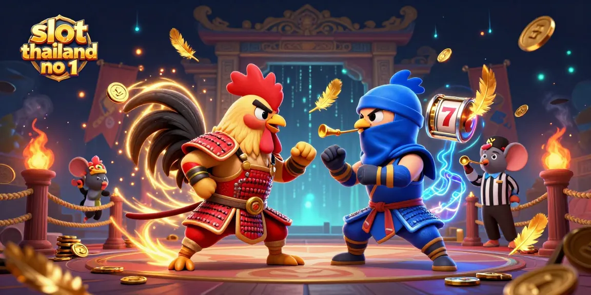 Bet big and win with slot thailand no 1 in this dynamic 3D scene featuring fighting roosters.