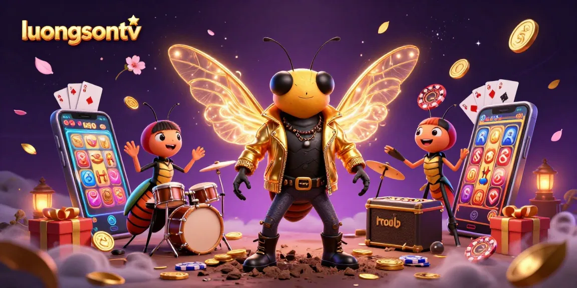 Experience vibrant gambling energy with luongsontv's golden cicada rock star surrounded by dynamic slot elements.
