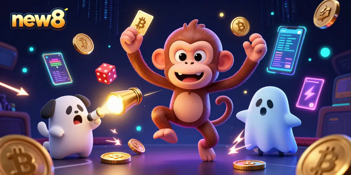 new8 showcases a playful ghost-hunter puppy tracking an invisible monkey juggling casino elements