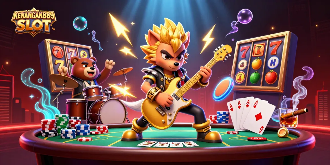 Experience the thrill of KENANGAN889 SLOT as colorful slot reels spin amidst lively characters.