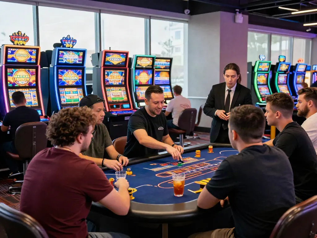 Exciting casino gaming atmosphere with diverse players enjoying bonus sans dépôt casino offers at the tables.