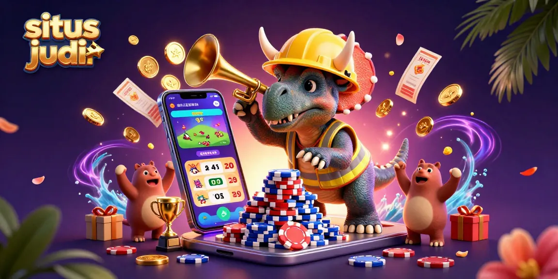 Situs judi bola sports betting scene with cartoon dinosaurs building poker chip pyramid.