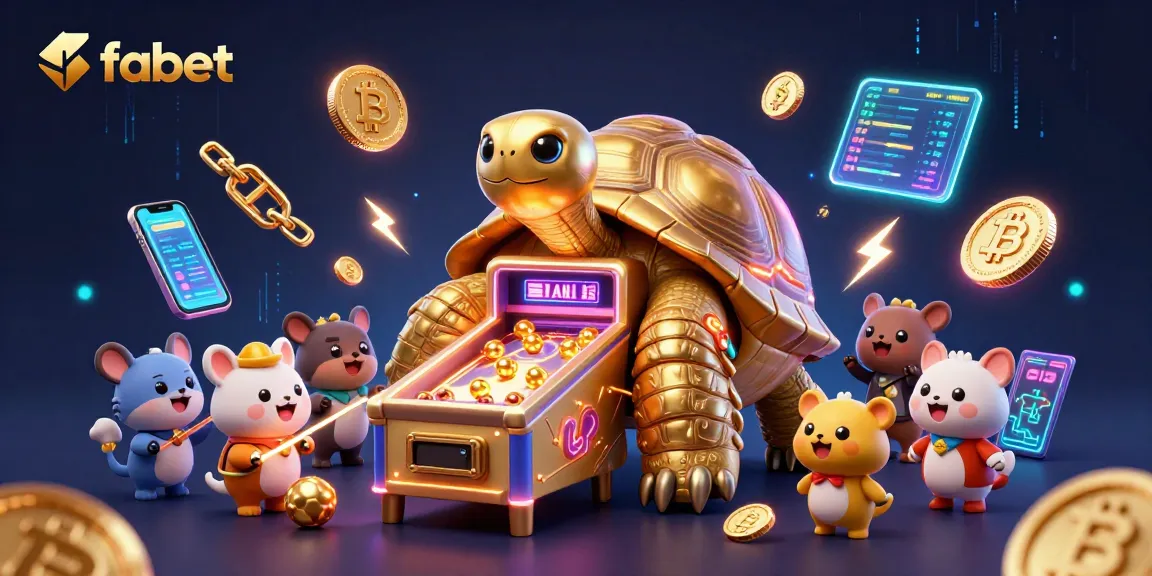 Play engaging games at fabet with a vibrant, animated tortoise and cryptocurrency elements.