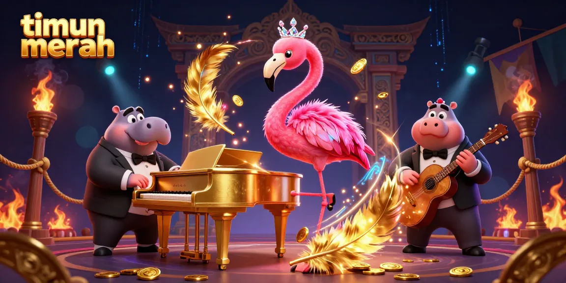 Timun merah memberi pengalaman bermain yang ceria dengan penyanyi flamingo dan pemain bass hippo di latar belakang kasino yang menakjubkan.