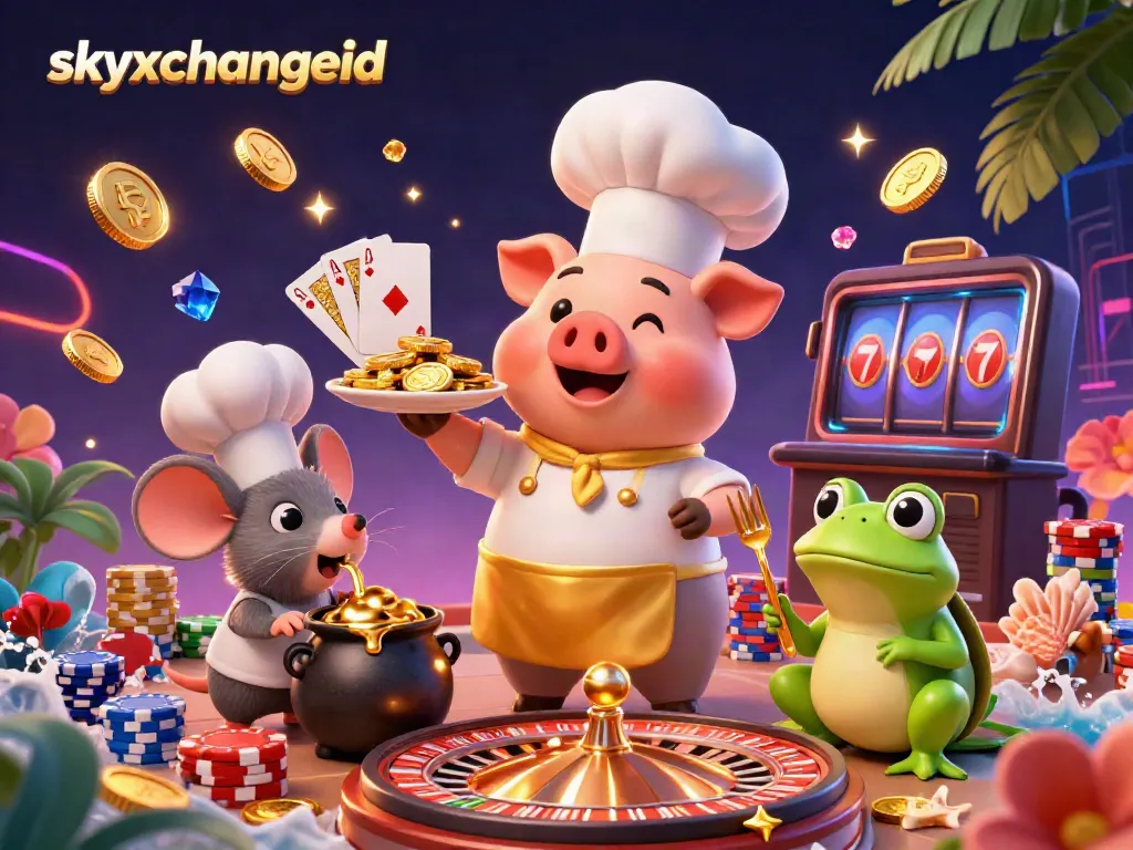 Win big with skyxchangeid in this vibrant casino scene with characters and dynamic gambling elements.