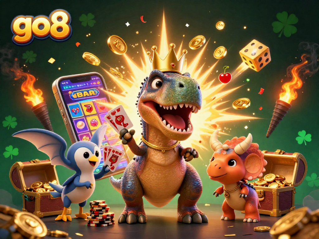 Join the excitement at go8 with a cheerful T-Rex, as it shuffles cards amid a colorful casino atmosphere.