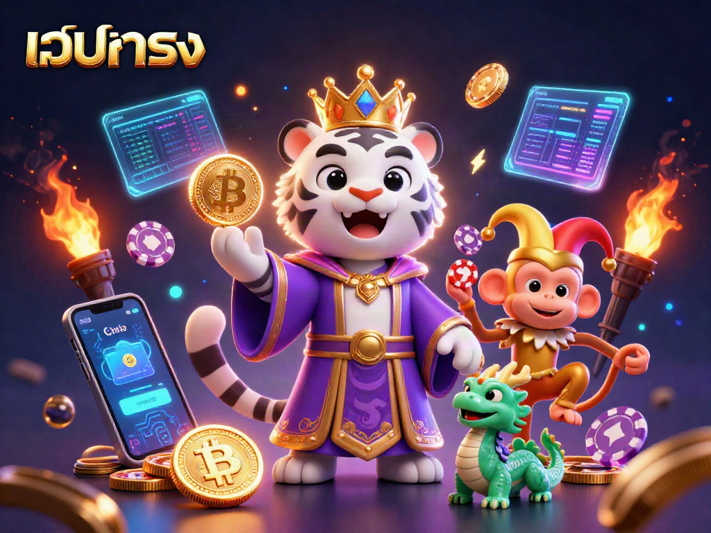 Engage in เว็บตรง gaming with a lively scene featuring a tiger, monkey, and dragon amidst crypto elements.
