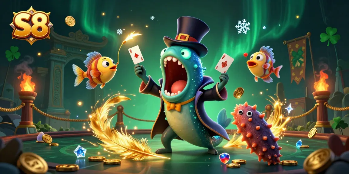 Engage with S8's thrilling atmosphere featuring a magician eel and anglerfish in an exciting casino backdrop.