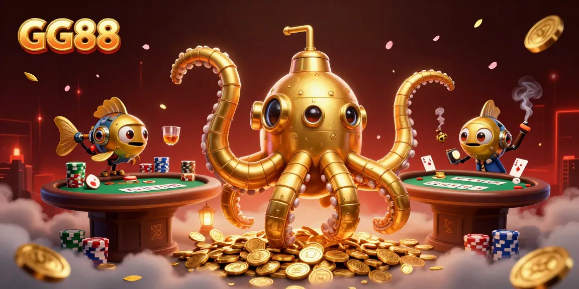 Experience the excitement of GG88 with a vibrant illustration of a golden kraken submarine in a dynamic casino environment.