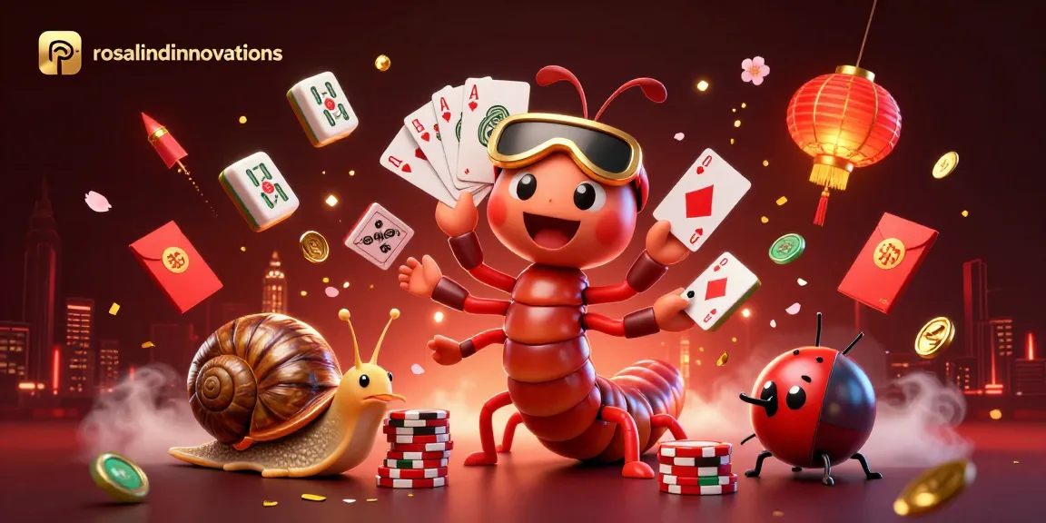 Experience exciting gameplay with rosalindinnovations as a cartoon millipede dealer showcases multiple cards in a vibrant casino.