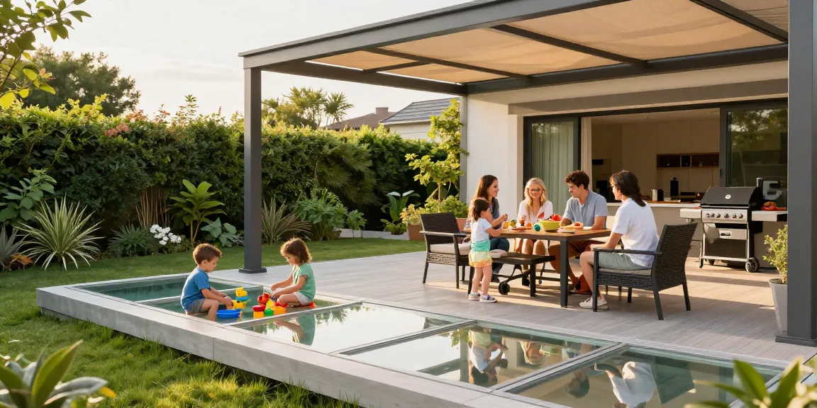 Terrassenüberdachungen aus Aluminium in einem einladenden Gartenambiente mit Familie.