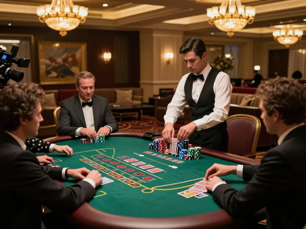 Immobilienmakler Frankfurt Riedberg hebt das strategische Spiel an einem luxuriösen Blackjack-Tisch hervor und schafft eine fesselnde Atmosphäre.