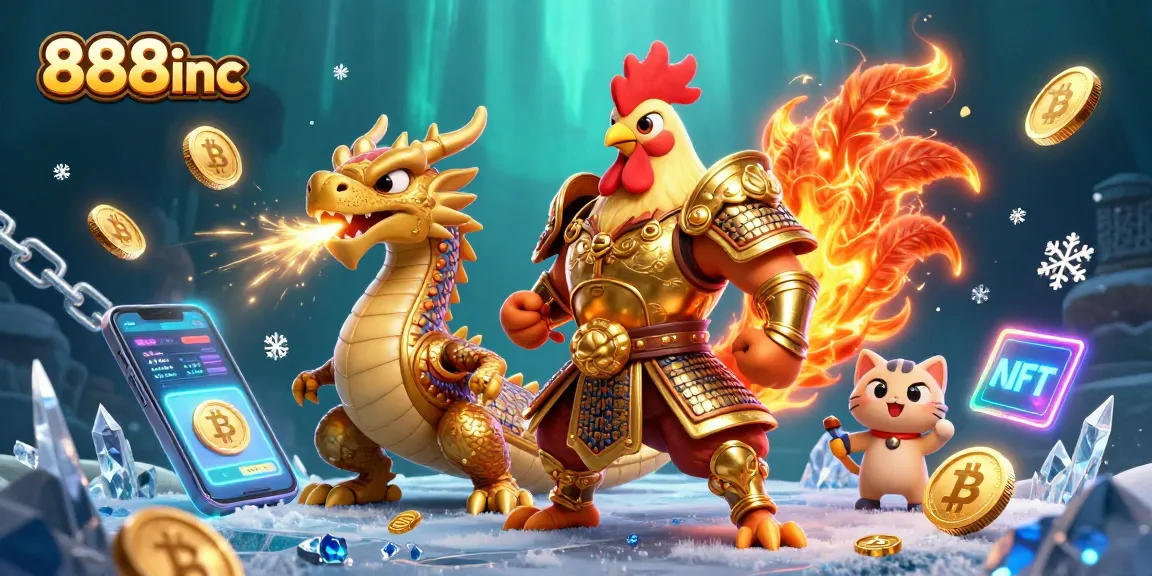 Experience dynamic gameplay with 888inc's vibrant online casino featuring a rooster warrior and dragon, enhanced by crypto elements.