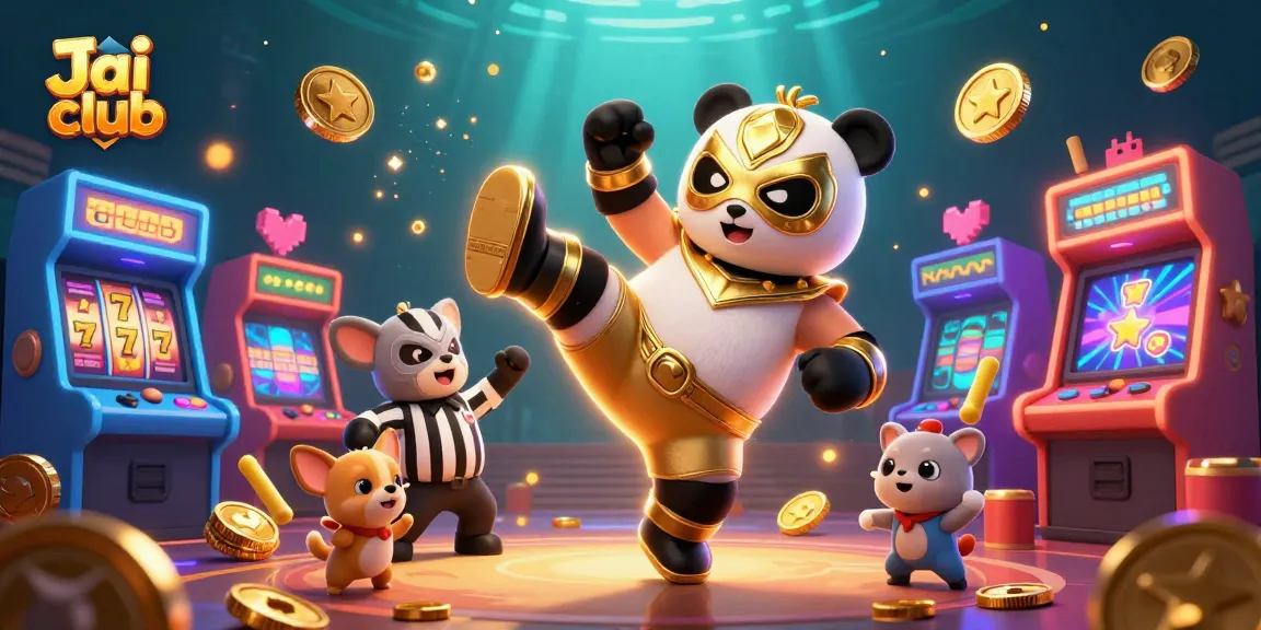 Experience the thrill of Jai club with a dynamic wrestling panda and arcade-themed gaming scene.