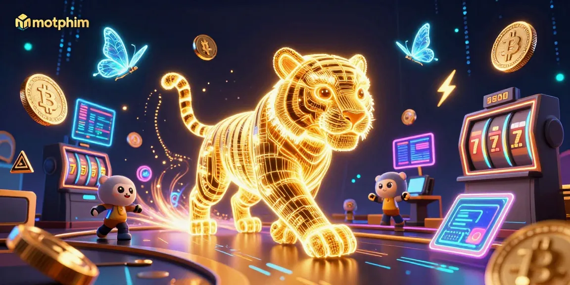 Engage with motphim's thrilling online gambling experience featuring a neon tiger amidst vibrant casino elements.