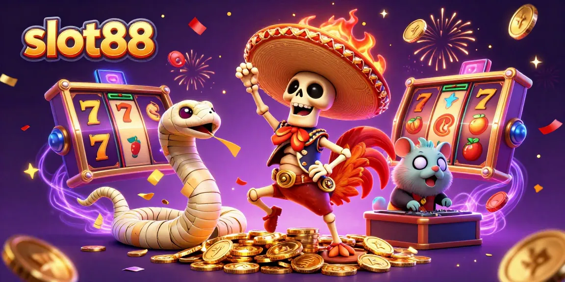 Representasi slot88 yang meriah dengan karakter kasino dan elemen permainan lotere yang menarik.