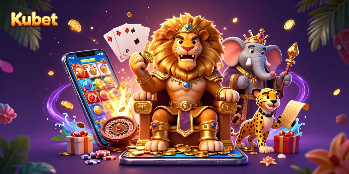 Kubet offers thrilling gaming experiences with a lion king and elephant advisor in a vibrant casino setting.