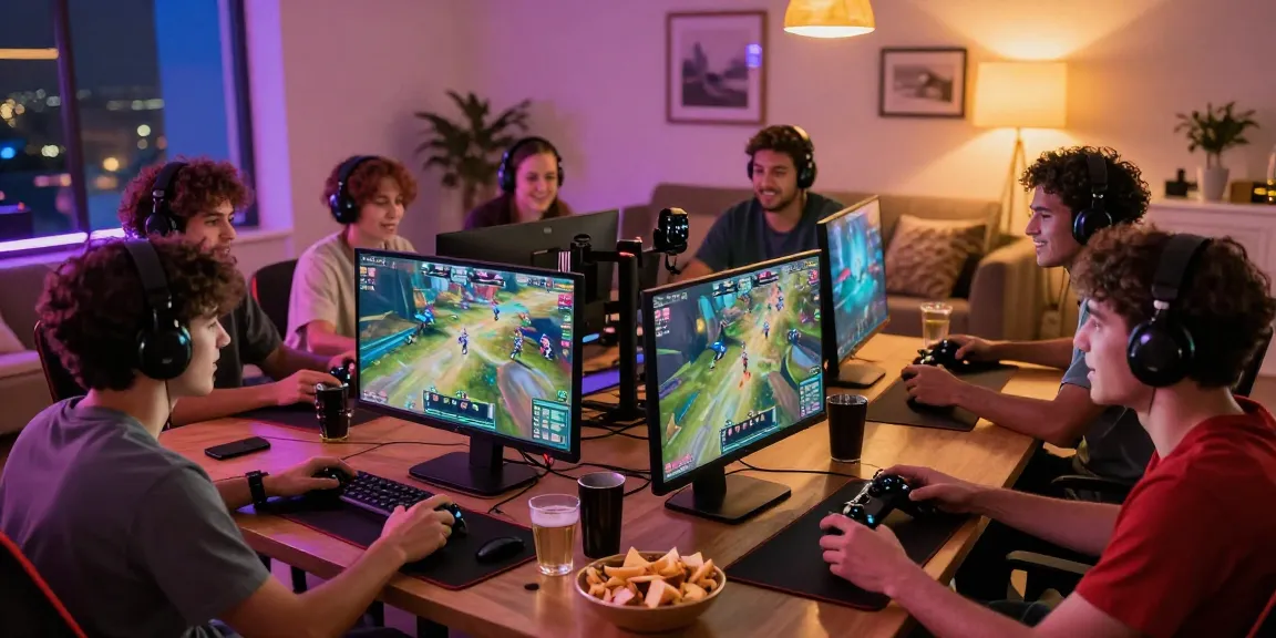B52 win online gaming night with friends showcasing competitive atmosphere, controllers in hand, vibrant graphics.