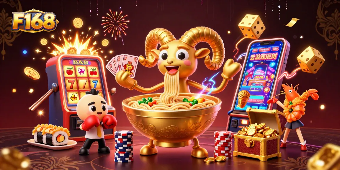 Join the exciting action of F168's virtual casino with vibrant gaming elements and lively characters!
