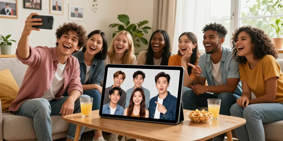 Celebrity look alike discovery moment with friends using AI technology in a cozy living room.