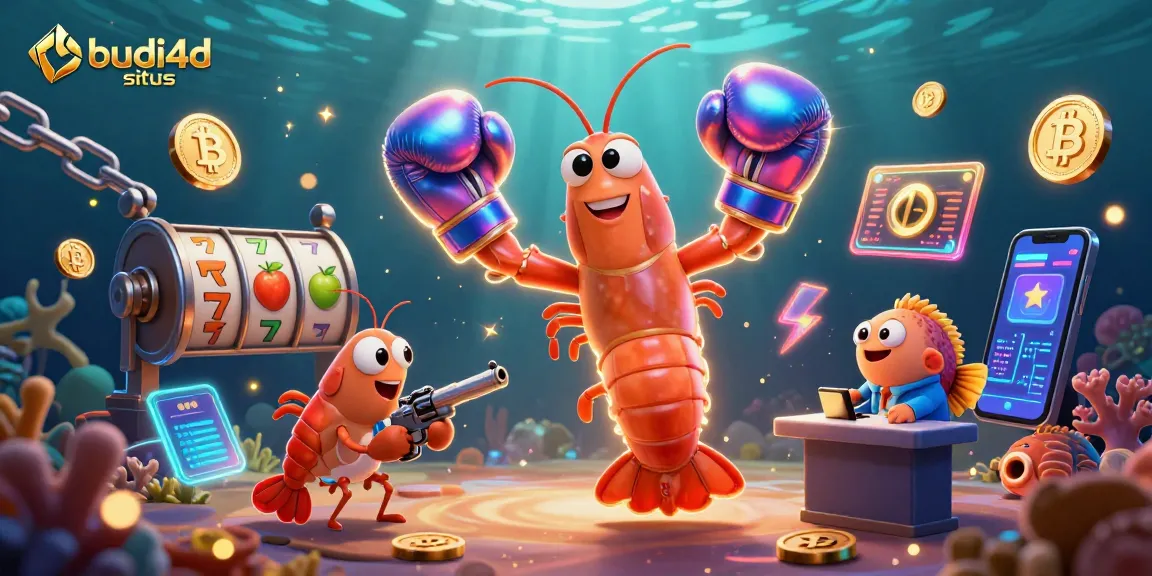 Engage with budi4d situs gameplay featuring dynamic shrimp characters navigating jackpot excitement and crypto elements.