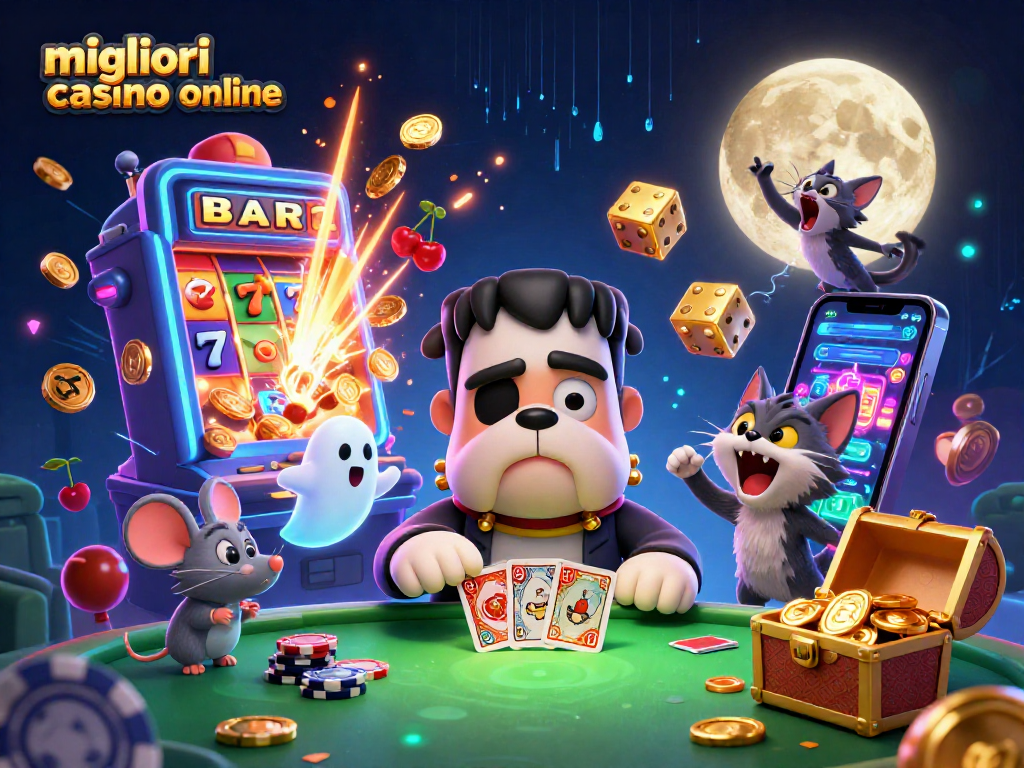 Gioca nei migliori casino online mentre un bulldog Frankenstein distribuisce carte e un gatto lupo ulula alla luna.