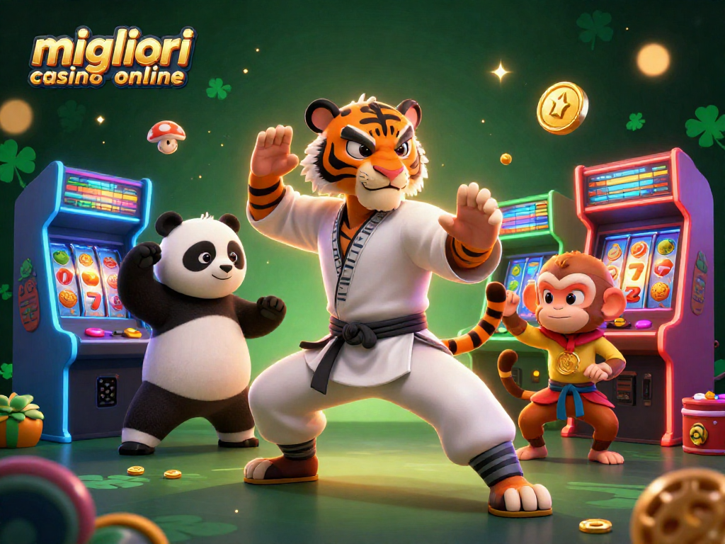 Scopri i migliori casino online con una scena dinamica di un maestro tigre kung fu e i suoi discepoli, immersi in un mondo di avventure.