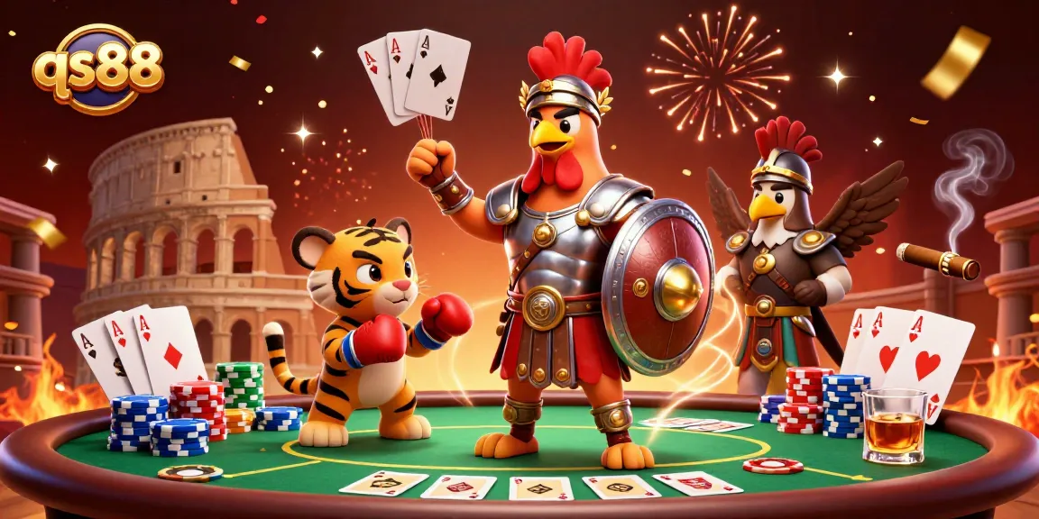 qs88 table games featuring a gladiator rooster, poker chips, and winning hands in action