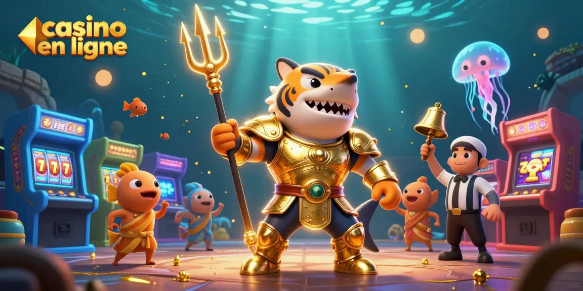 Jouez à des jeux captivants de casino en ligne avec un requin tigré en armure, jackpot et animations colorées.