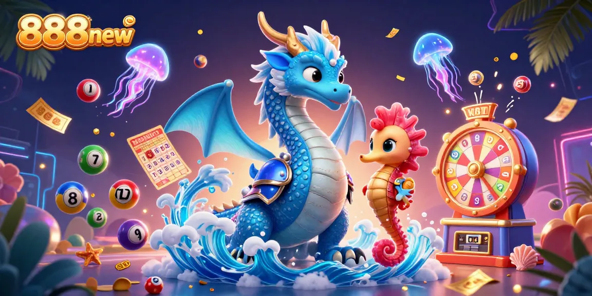 Engage in thrilling gameplay with 888new’s vibrant 3D casino illustration showcasing dynamic lottery elements.
