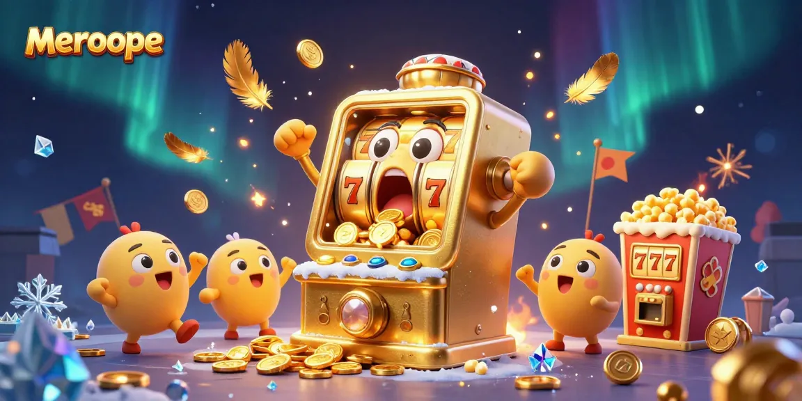 Meroope slot machine hits jackpot, coins pouring out, dynamic 3D illustration with cheering baby slots and popcorn machine.