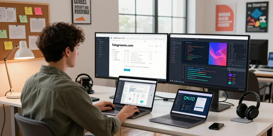 Engaging coding environment featuring telegraimin.com on screens, showcasing a modern software development workspace.