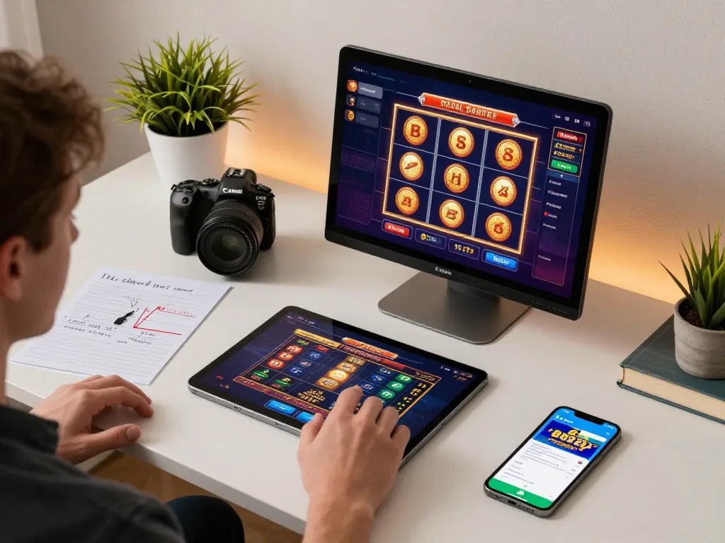 Engaged player using the 8day app on tablet, surrounded by strategic notes in a cozy gaming setup.