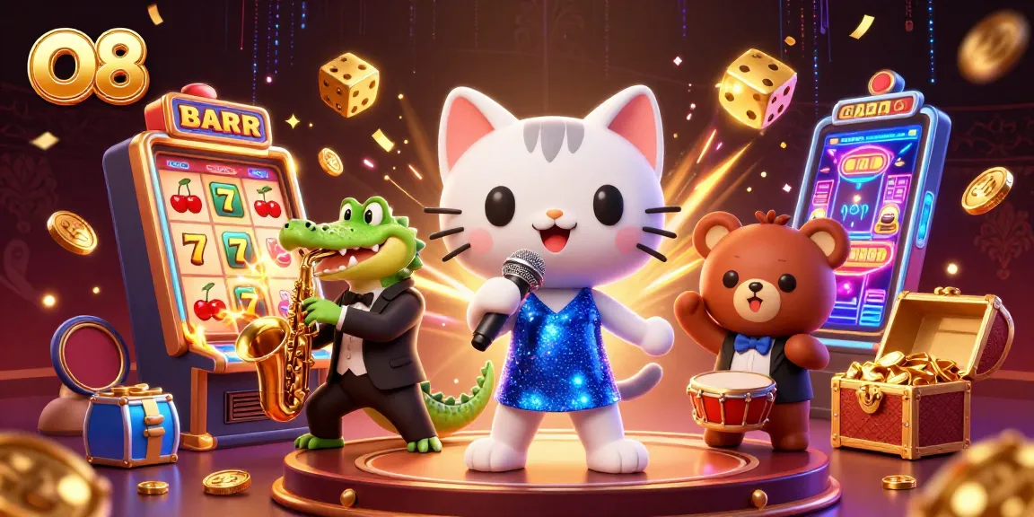 O8 immerses players in lively casino ambiance featuring 3D cartoon characters against a vibrant backdrop.
