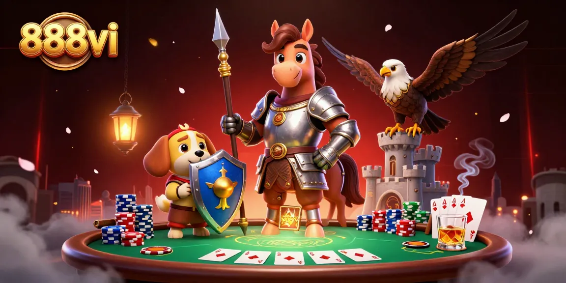 Experience the excitement of 888vi with a medieval knight, playful puppy, and falcon at a vibrant poker table.