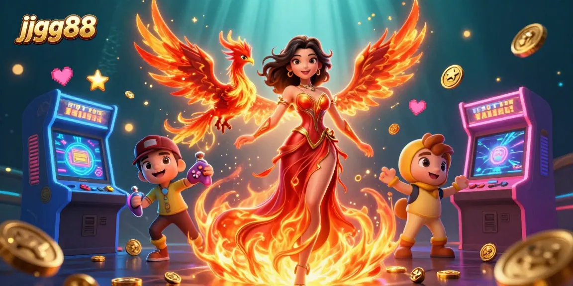 Experience the thrill of jjgg88 with stunning visuals of a casino adventure featuring a fiery phoenix and arcade games.