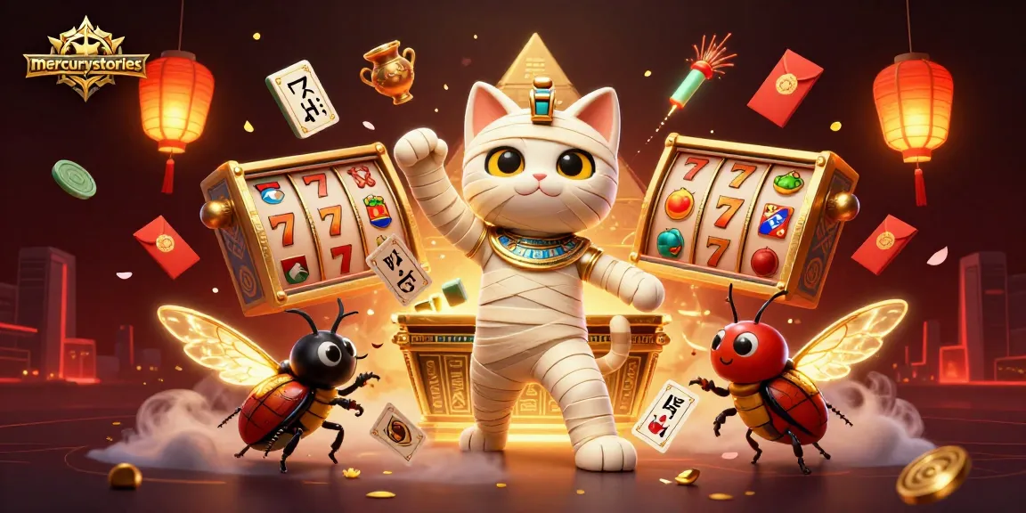 Experience thrilling gameplay at mercurystories with an Egyptian mummy cat and vibrant casino elements.