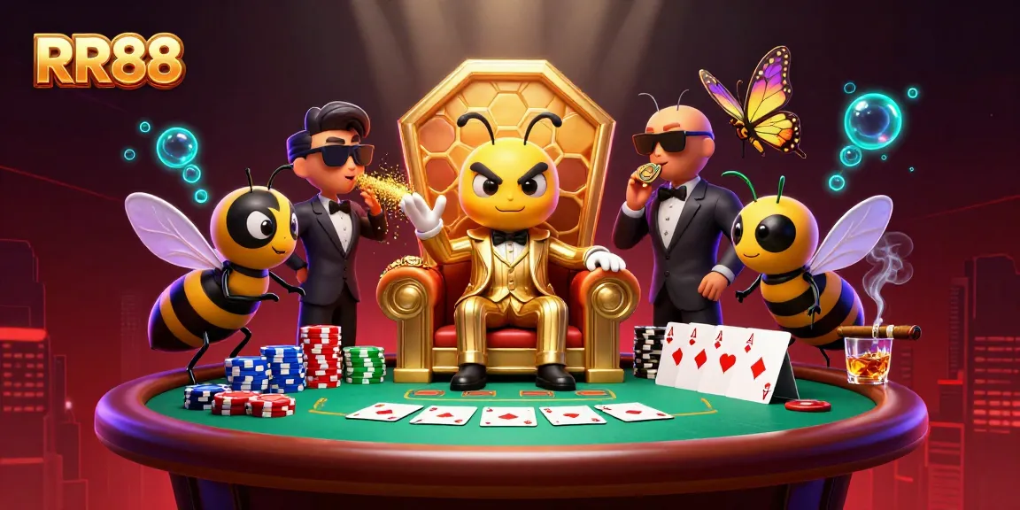 Experience RR88’s gambling thrills with a vibrant 3D scene of a cartoon bumblebee mob boss at a poker table.