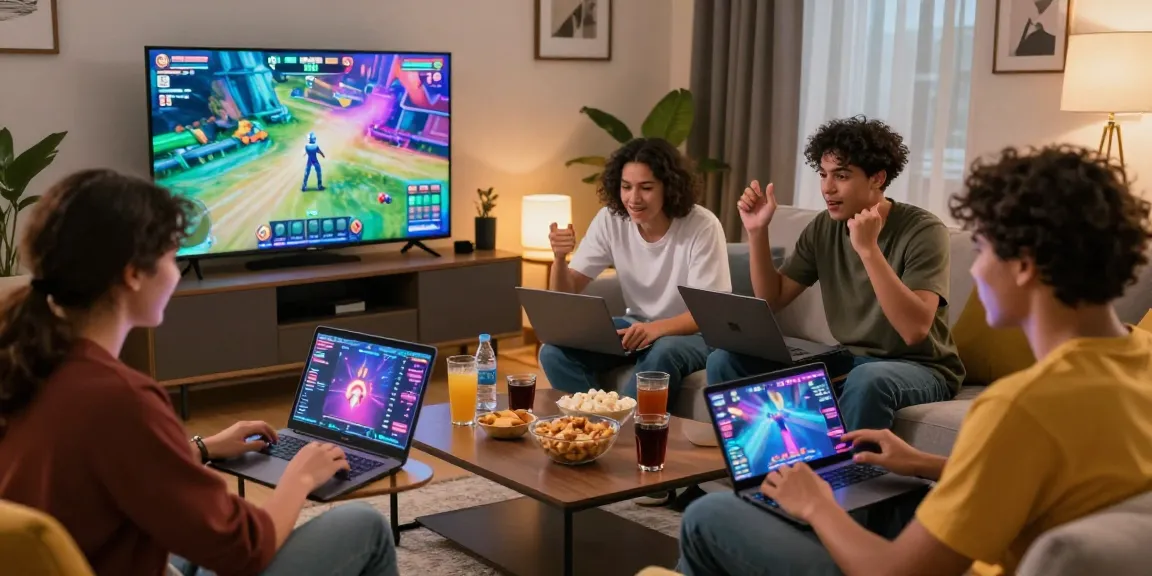 Friends enjoying an iwin gaming night in a cozy living room, showcasing excitement and vibrant atmosphere.